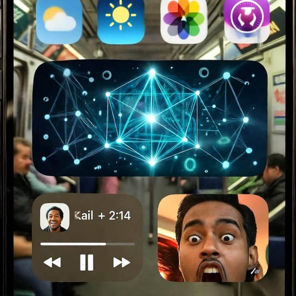 Quantum app on phone in subway blur.