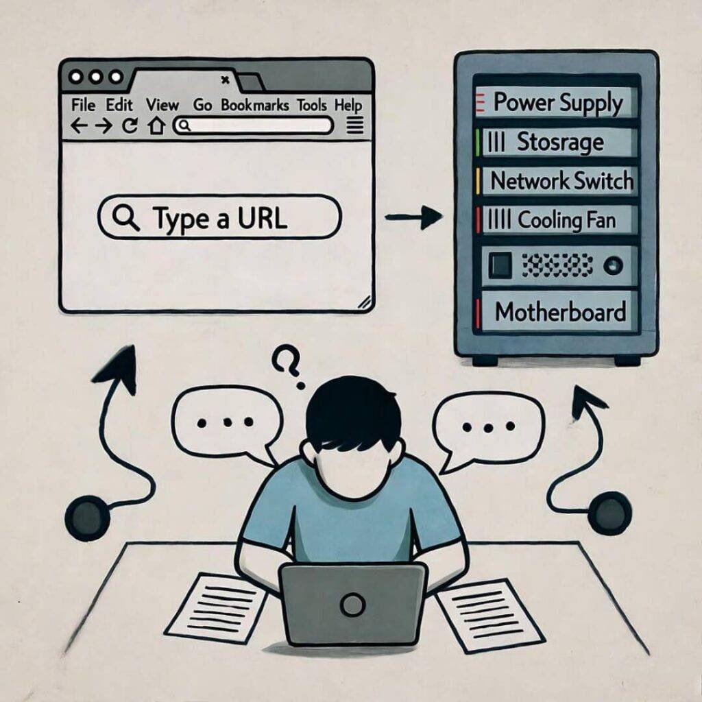 Overwhelmed coder's frontend-backend flow sketch.
