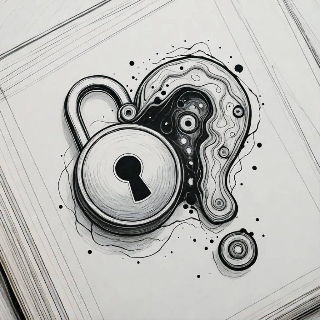 Chaotic ink lock morphs to question mark overhead.