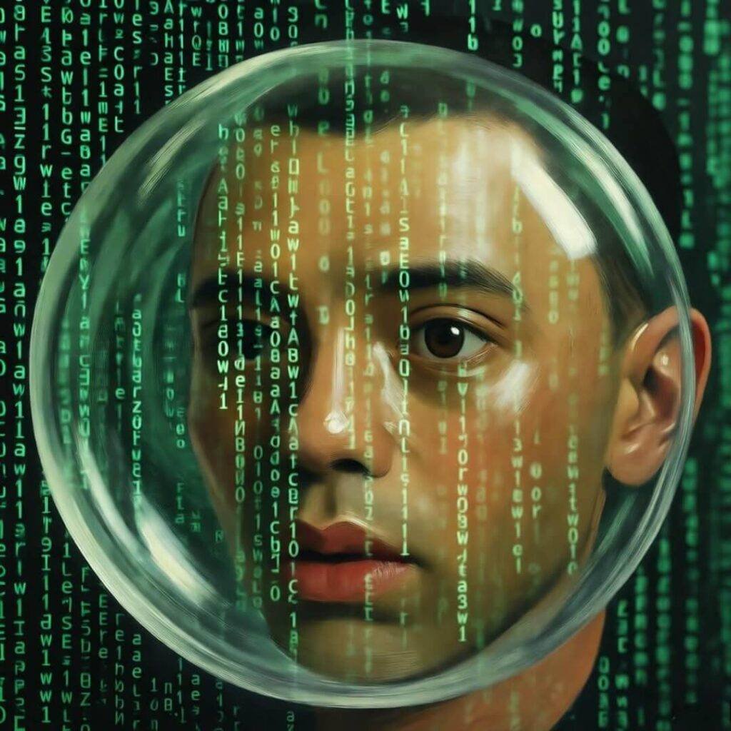 Code rain trapped in shield, shadow peeks.