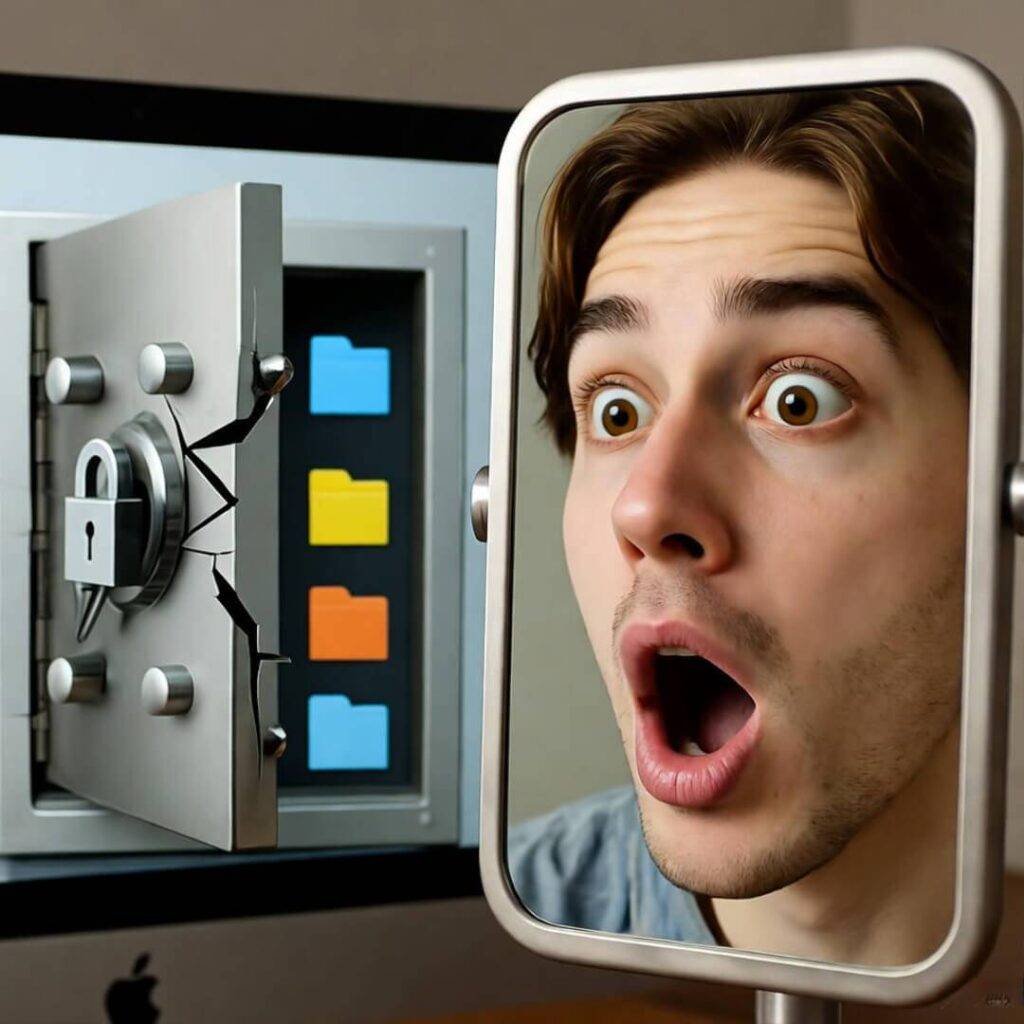 Shocked selfie by cracked safe.