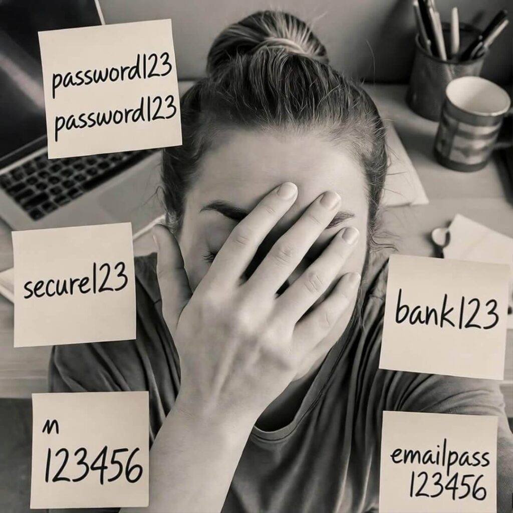 Facepalm amid weak password notes.