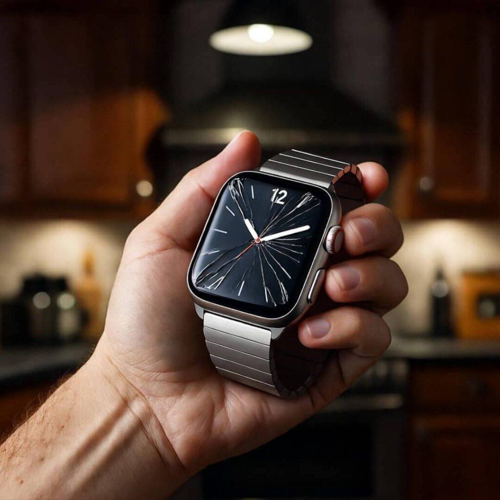 Cracked smartwatch fail in dim kitchen.