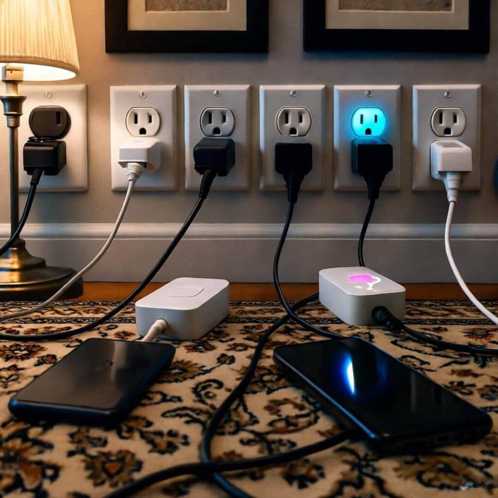 Floor view of messy smart plugs.