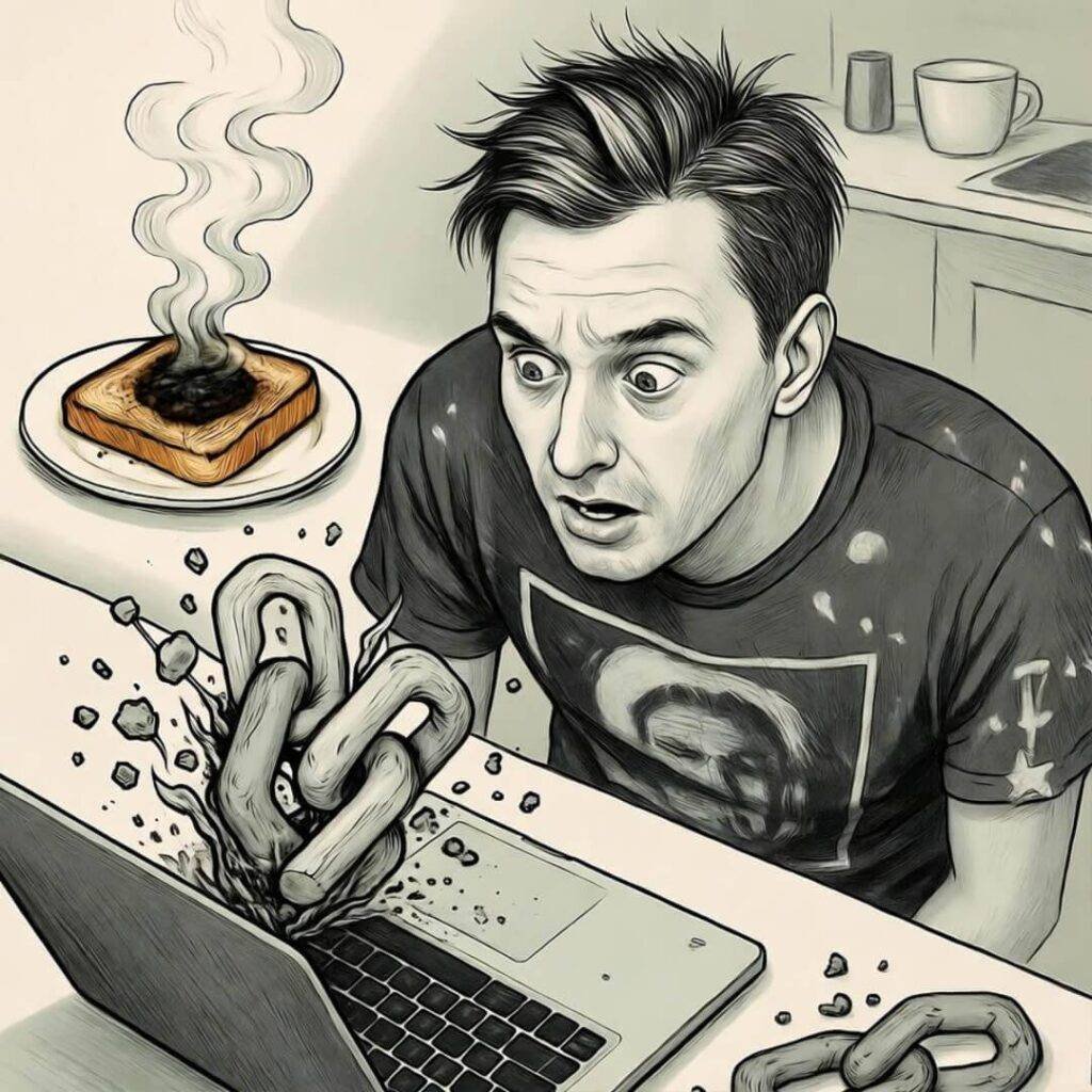 Frazzled guy sees blockchain in toast.