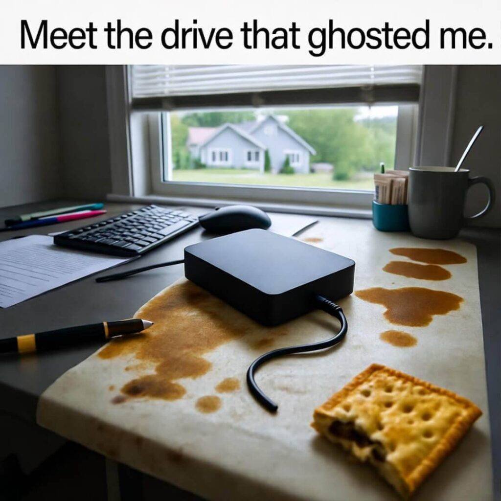 Drive dangles over coffee-stained desk.