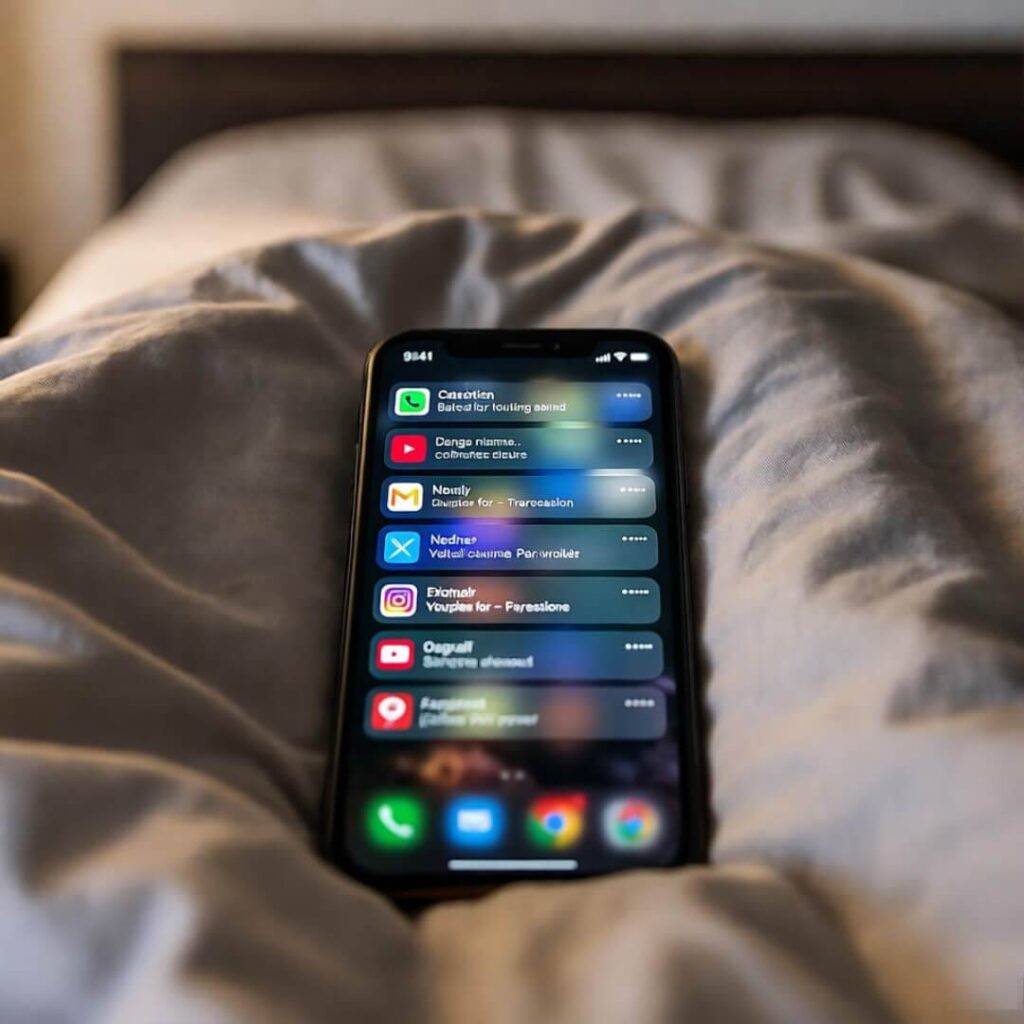 Notification explosion on bed—personal chaos of app virality hitting home.