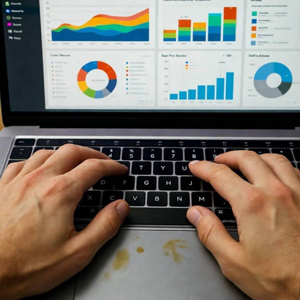 Dashboard glowing on coffee-stained MacBook.