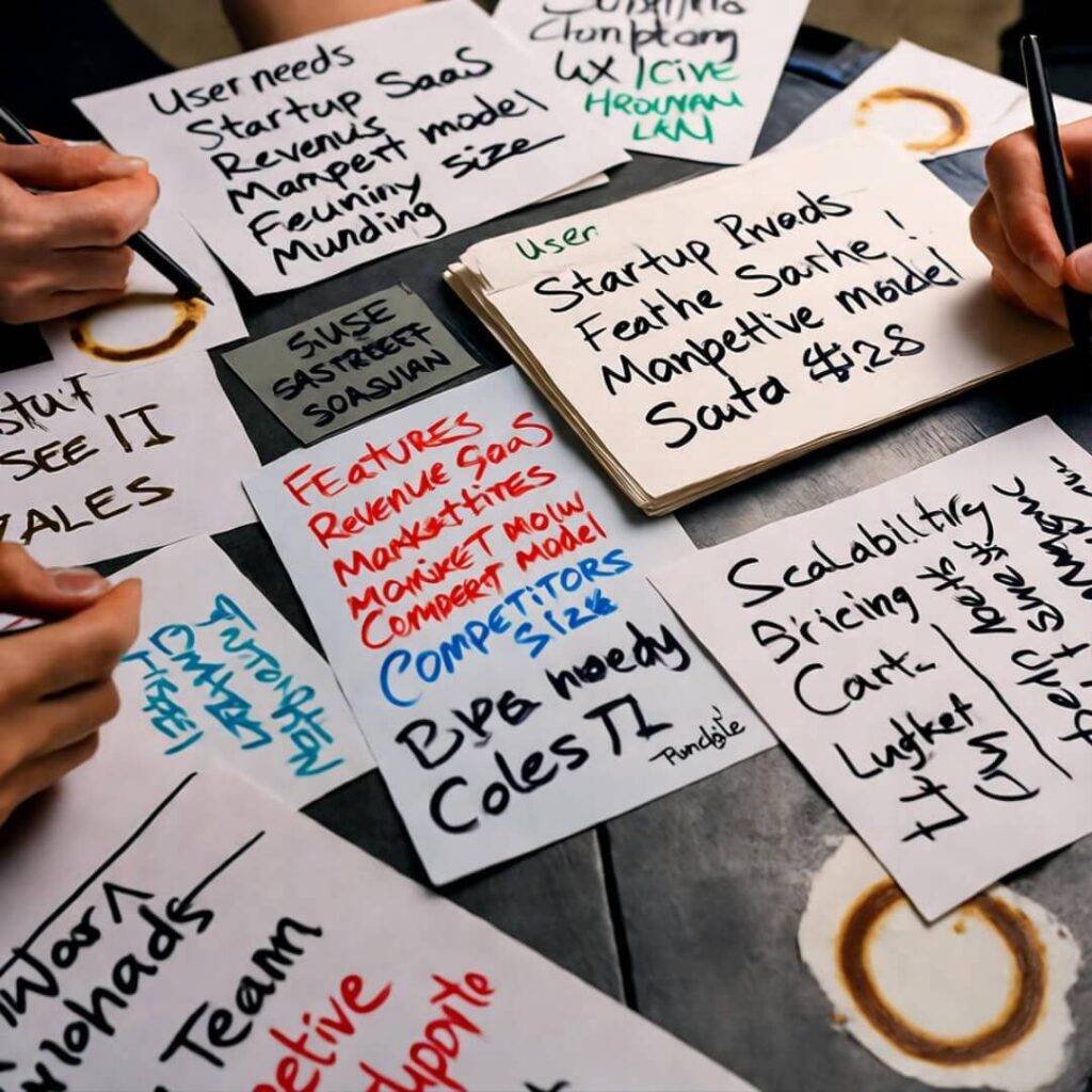 Frantic SaaS notes amid coffee rings.