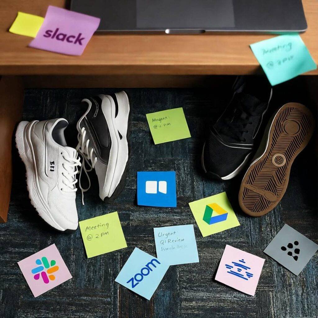 Sneakers scatter SaaS sticky notes.