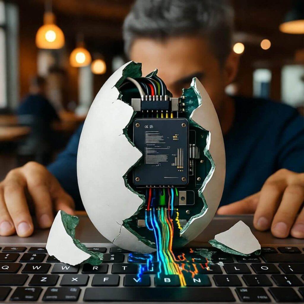 Cracked firewall egg spilling data.