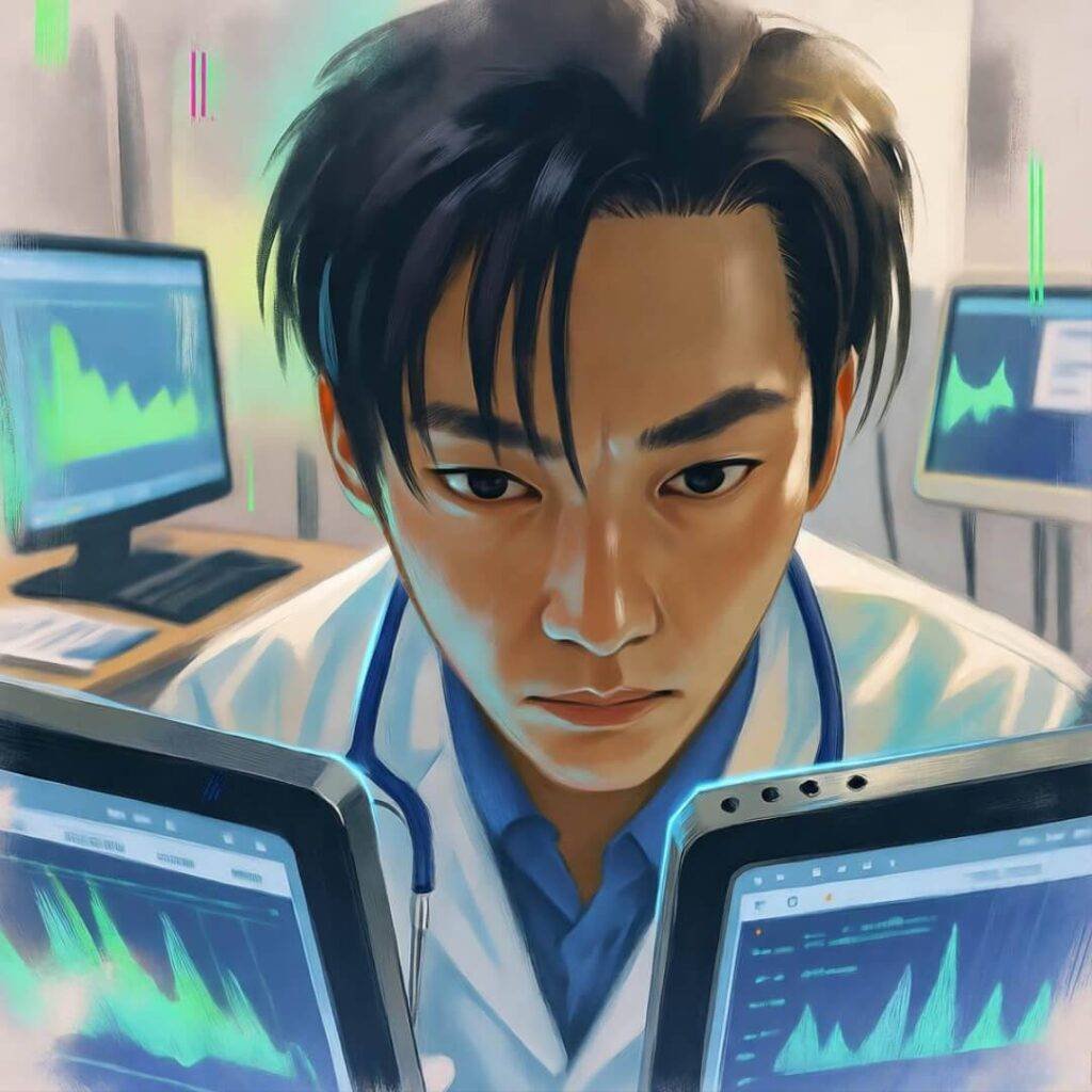 Doctor’s AI glow in clinic.