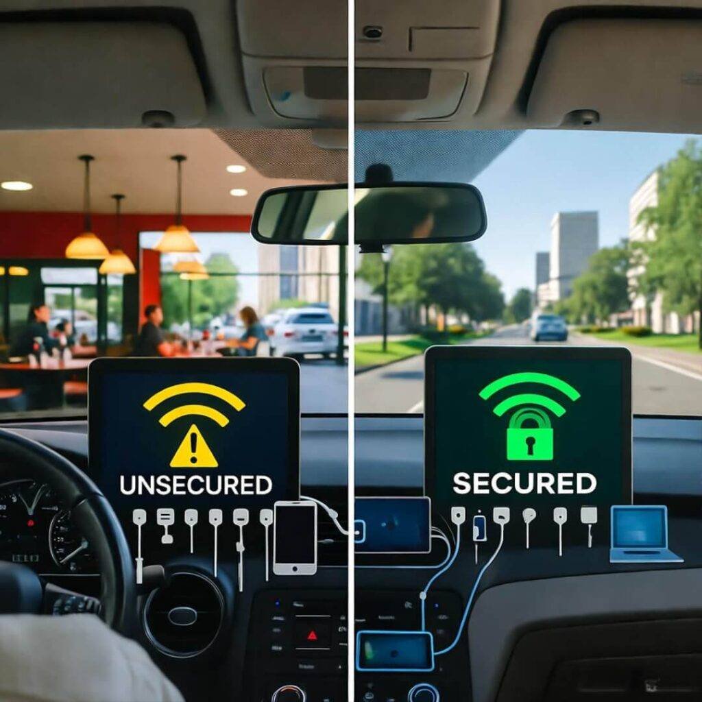 Split-screen: diner Wi-Fi vs. VPN safety.