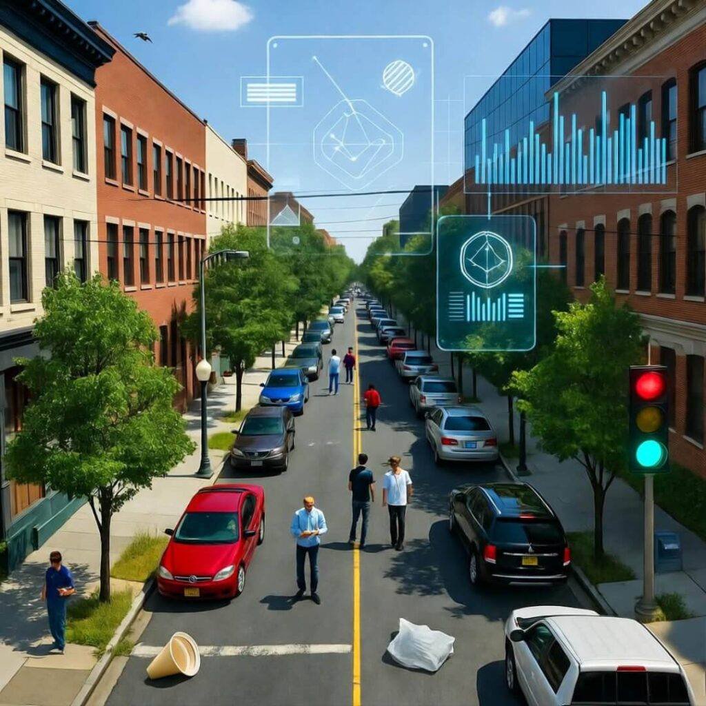 Futuristic holograms over chaotic city street.