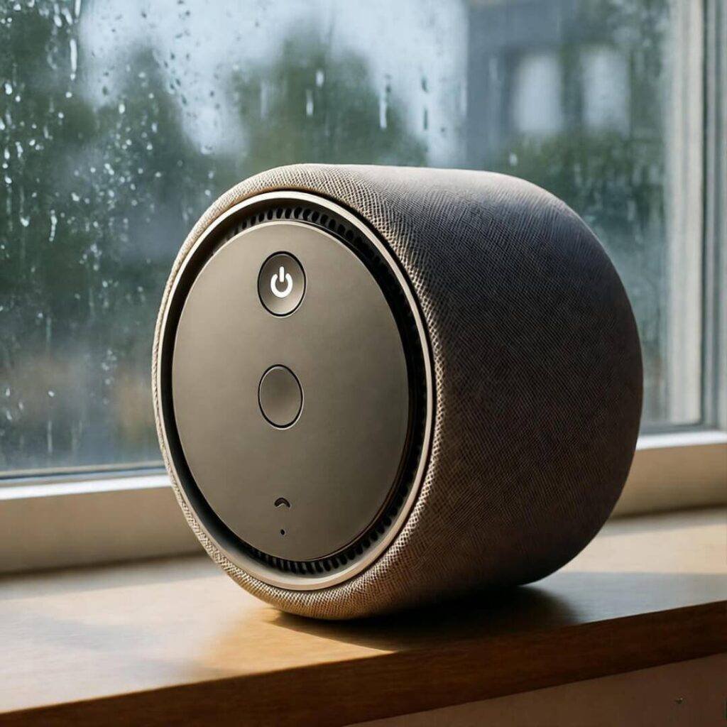 Rainy window with smart speaker.