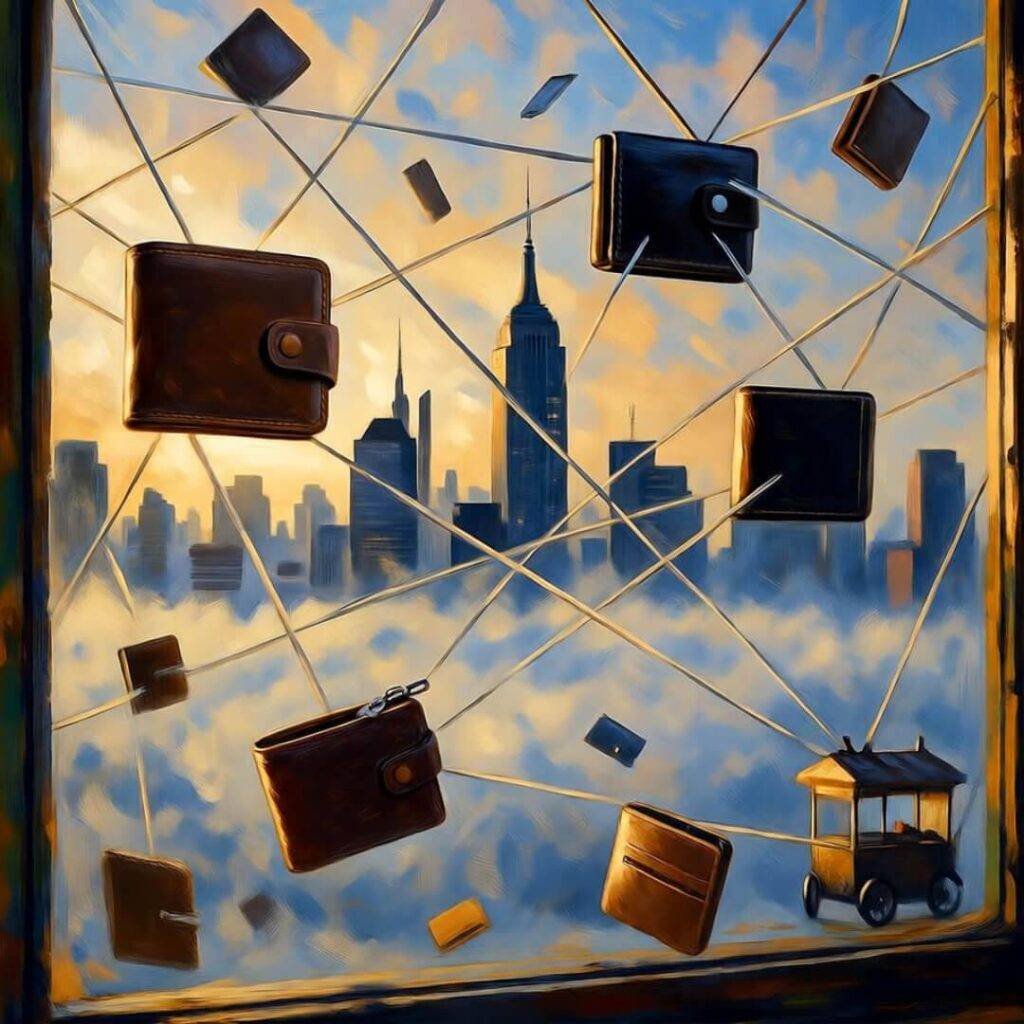 Wallets tangled over NYC dusk.