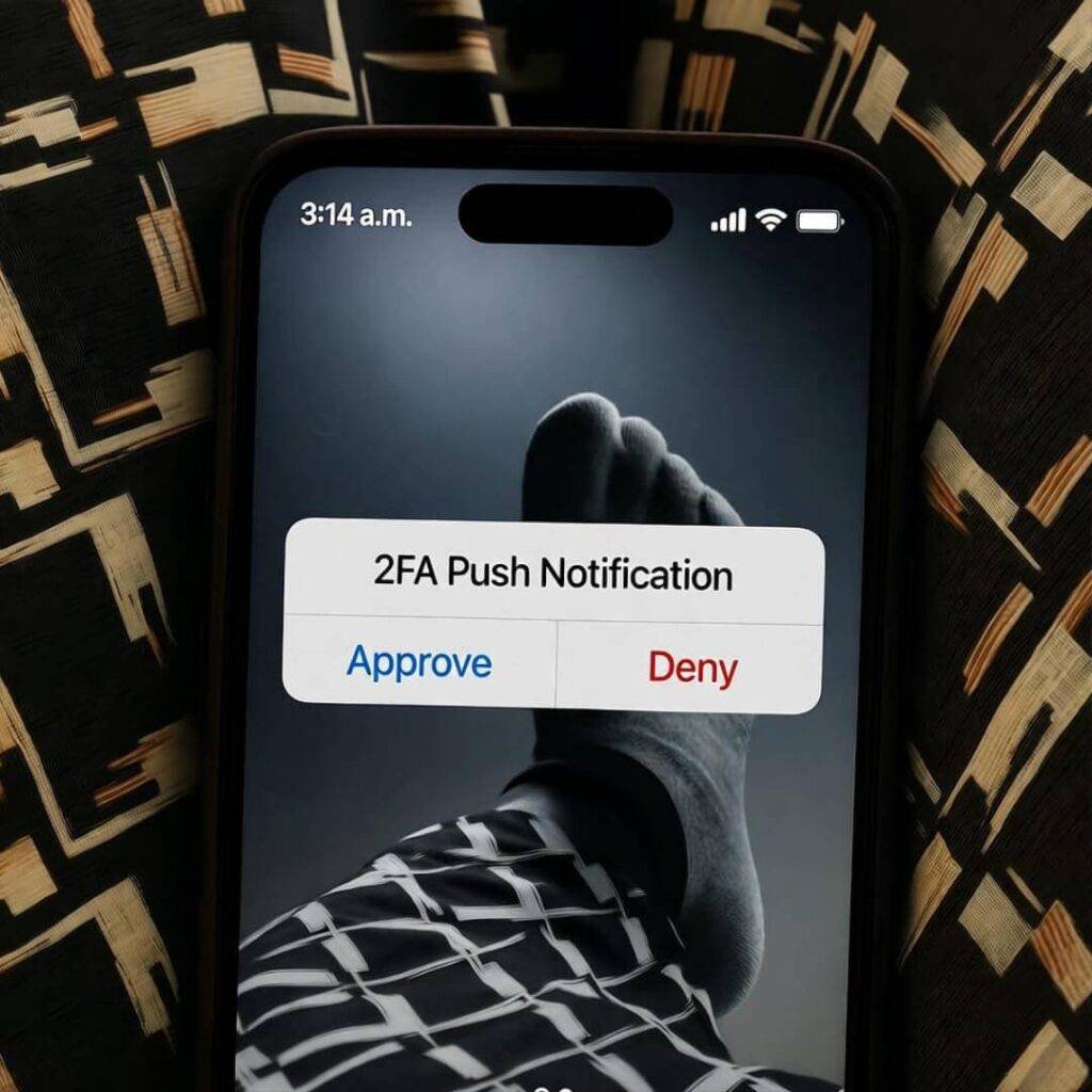 2FA alert reflects pajama pants.