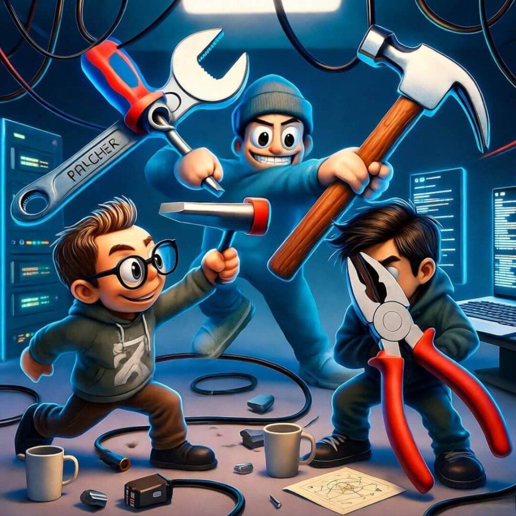 Cartoon tools fighting hackers, one tripping.