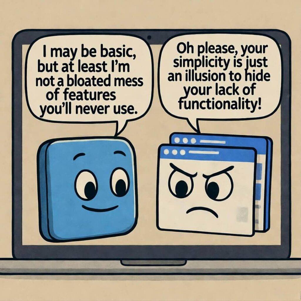 Cartoon apps bickering on laptop screen.