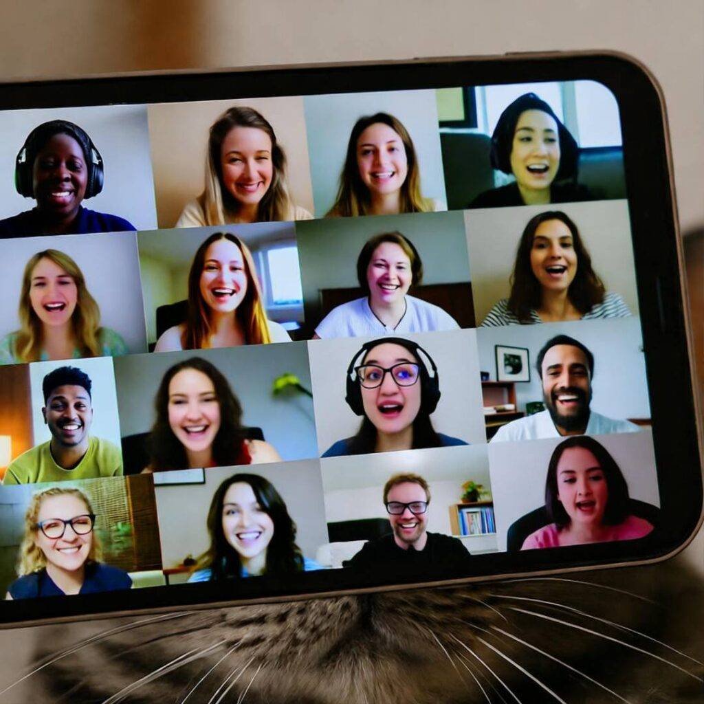 Glitchy team call mid-laugh.