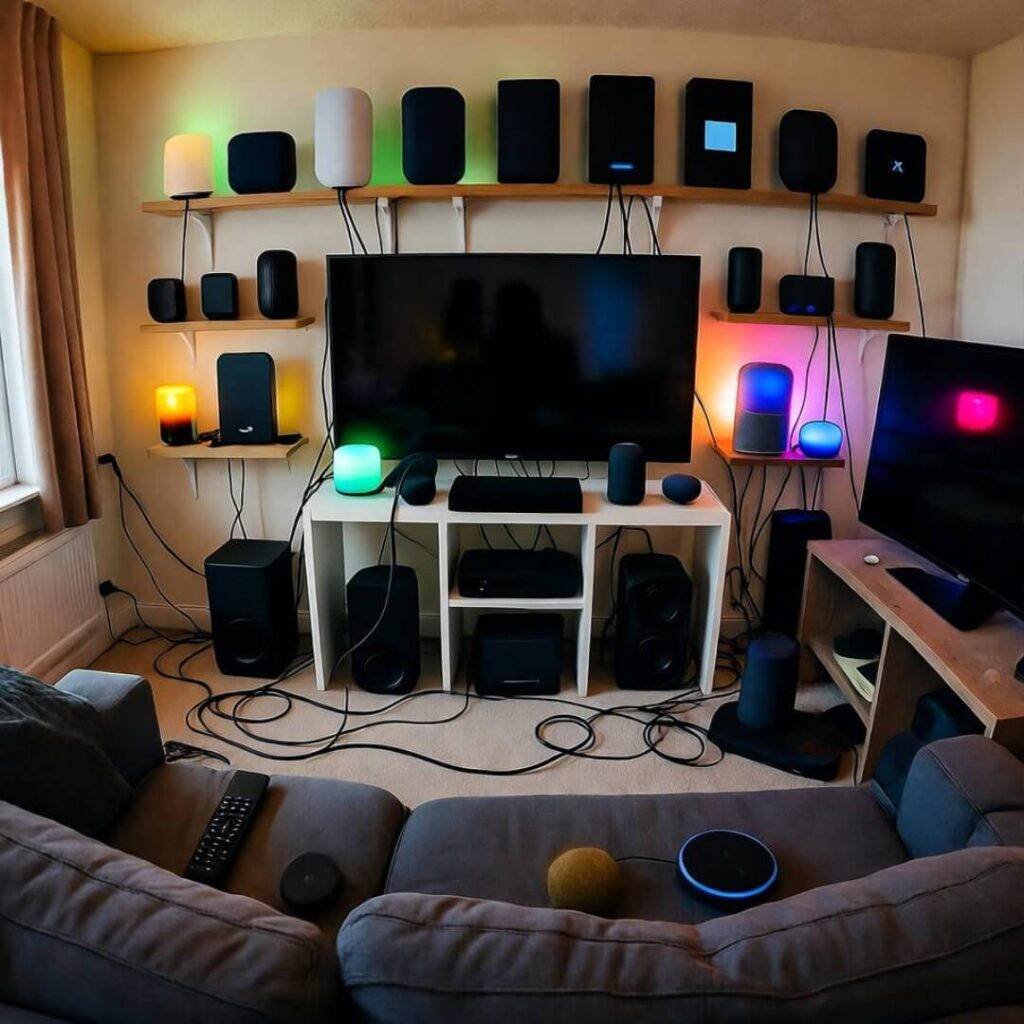 Tangled smart home setup from couch.