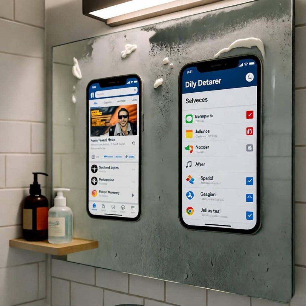 Foggy mirror reflects messy apps.