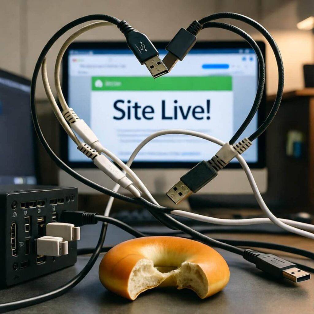 Tangled cables celebrating a live modern website, because chaos is part of the build.