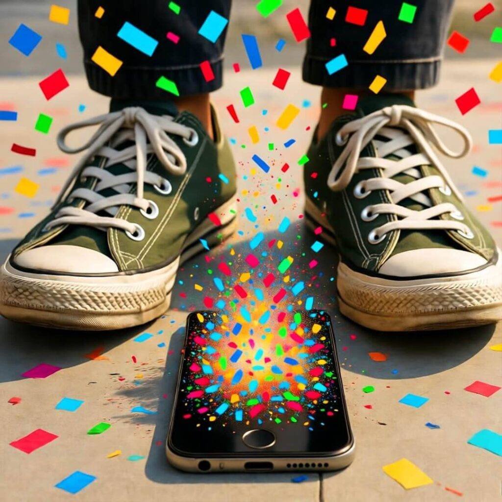 Phone confetti explosion under Converse toes.