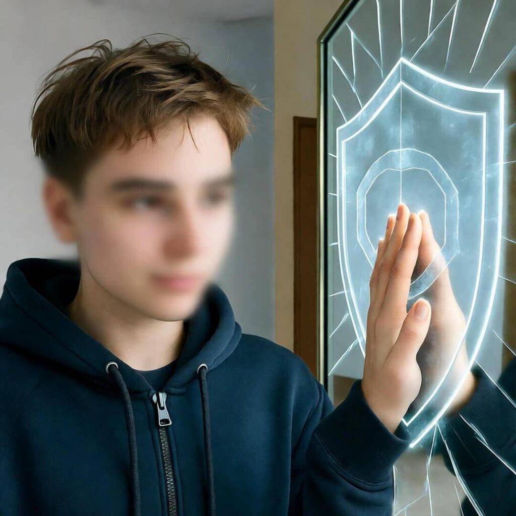 Blurry me high-fiving cracked digital shield.
