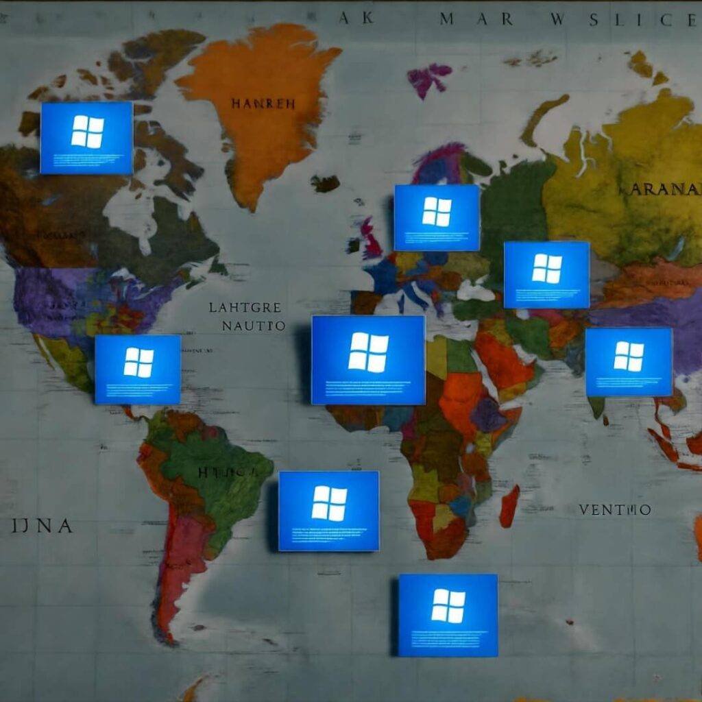 World map erupting in BSOD fireworks.