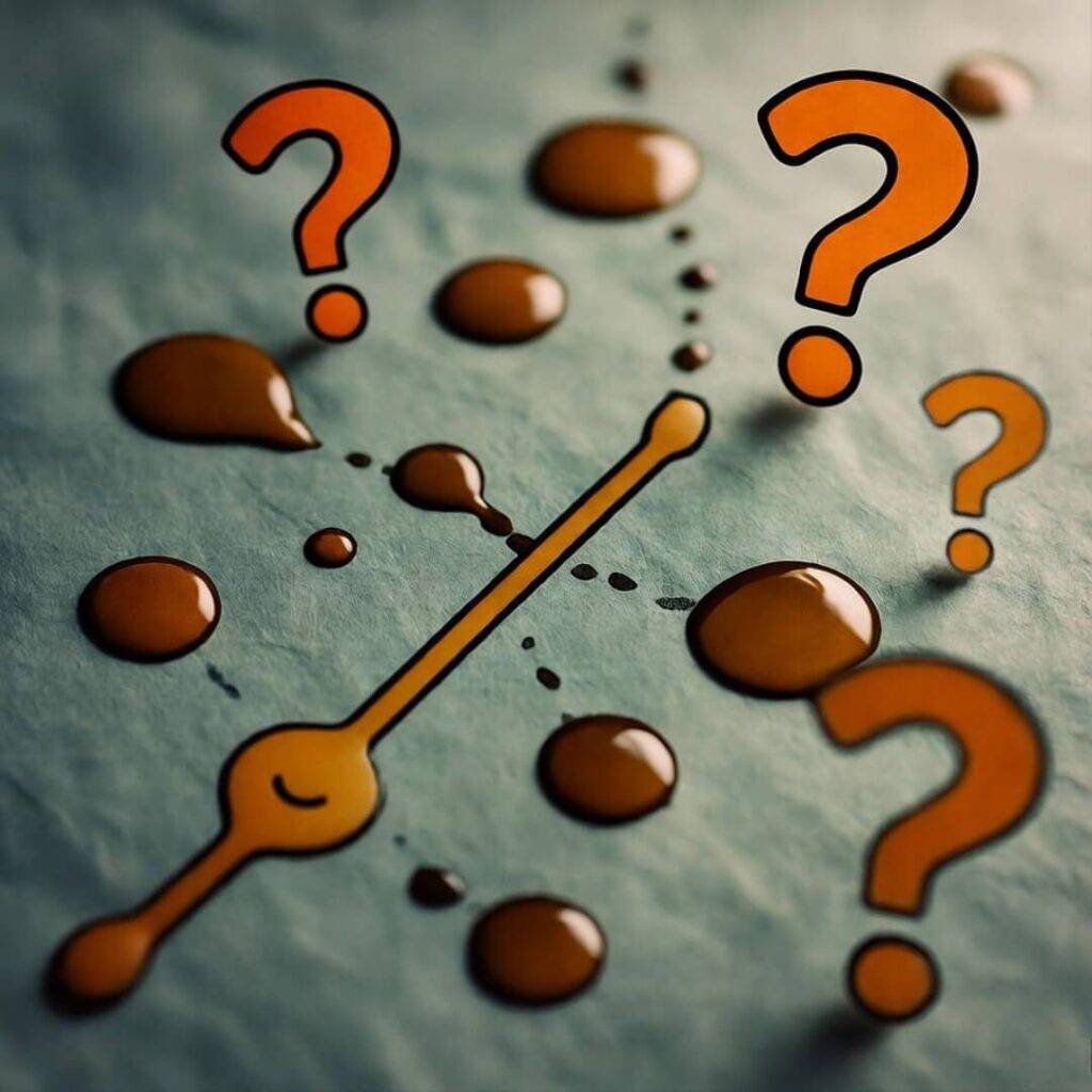 Line pierces coffee spills, smiling question marks.