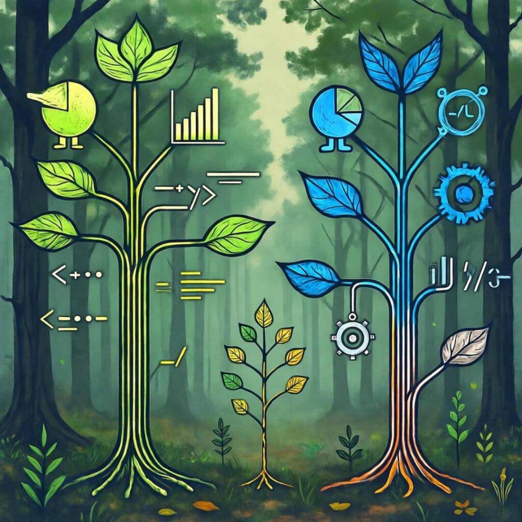 Code-branch trees with data-leaf sprites.