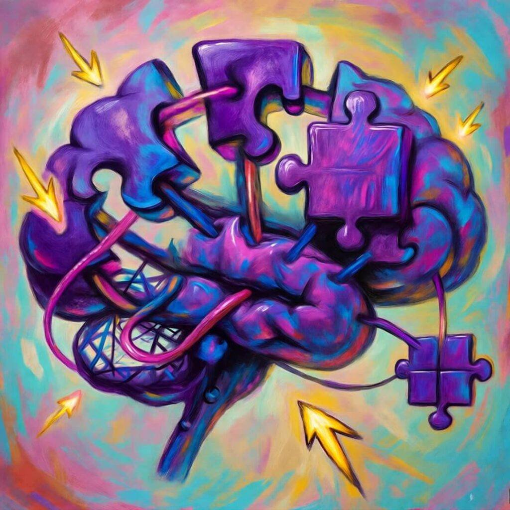 Puzzle-brain sparks in purple chaos.