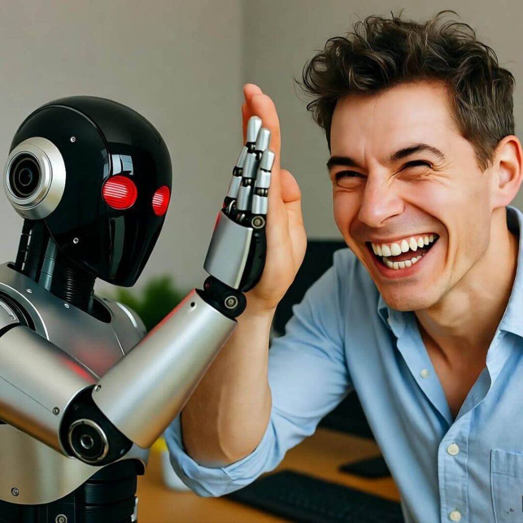 Robot high-fiving laughing human, tilted shot.
