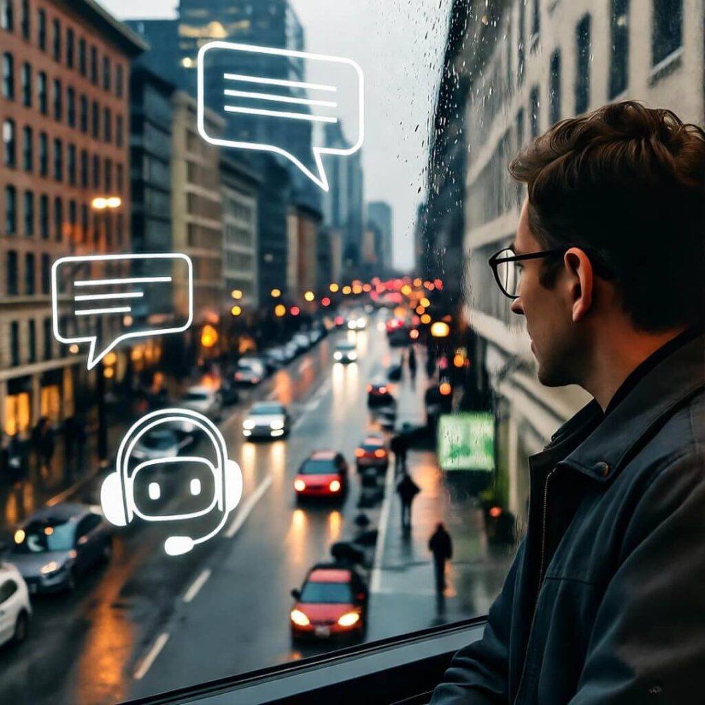 AI icons over rainy city harmony.